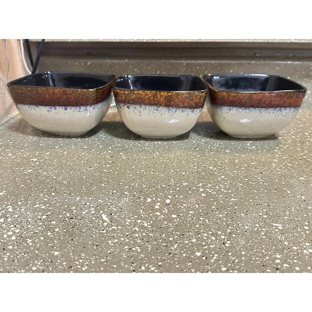 MasterCuisine Square Stoneware Bowls Set of 3 Tan‎ Blue Speckled Black Interior